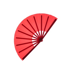 Red hand fan isolated on white, top view