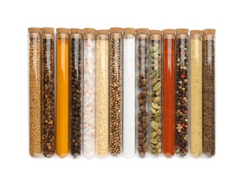 Photo of Glass tubes with different spices on white background, top view