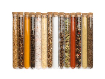 Glass tubes with different spices on white background, top view