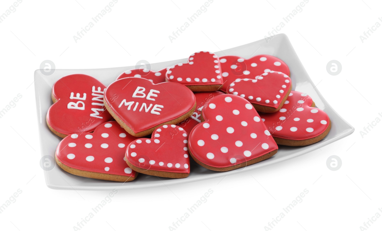 Photo of Delicious heart shaped cookies on white background. Valentine's Day