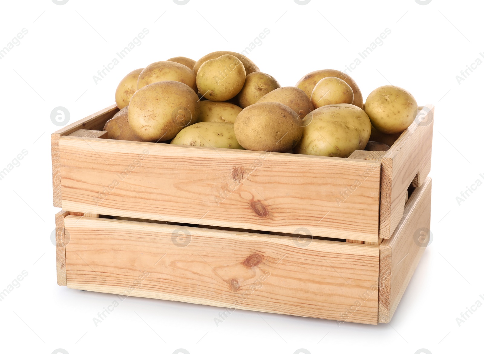 Photo of Wooden crate full of fresh raw potatoes on white background