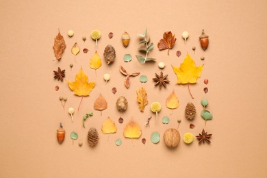 Photo of Flat lay composition with autumn leaves on beige background