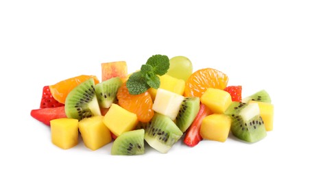 Delicious salad of different fruits on white background
