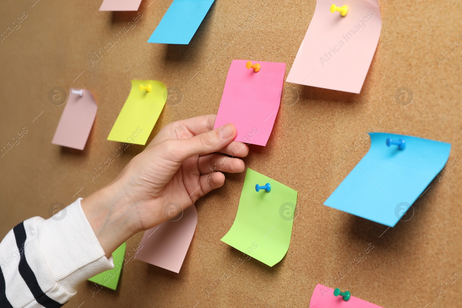 Photo of Woman holding paper note pinned to cork board, closeup