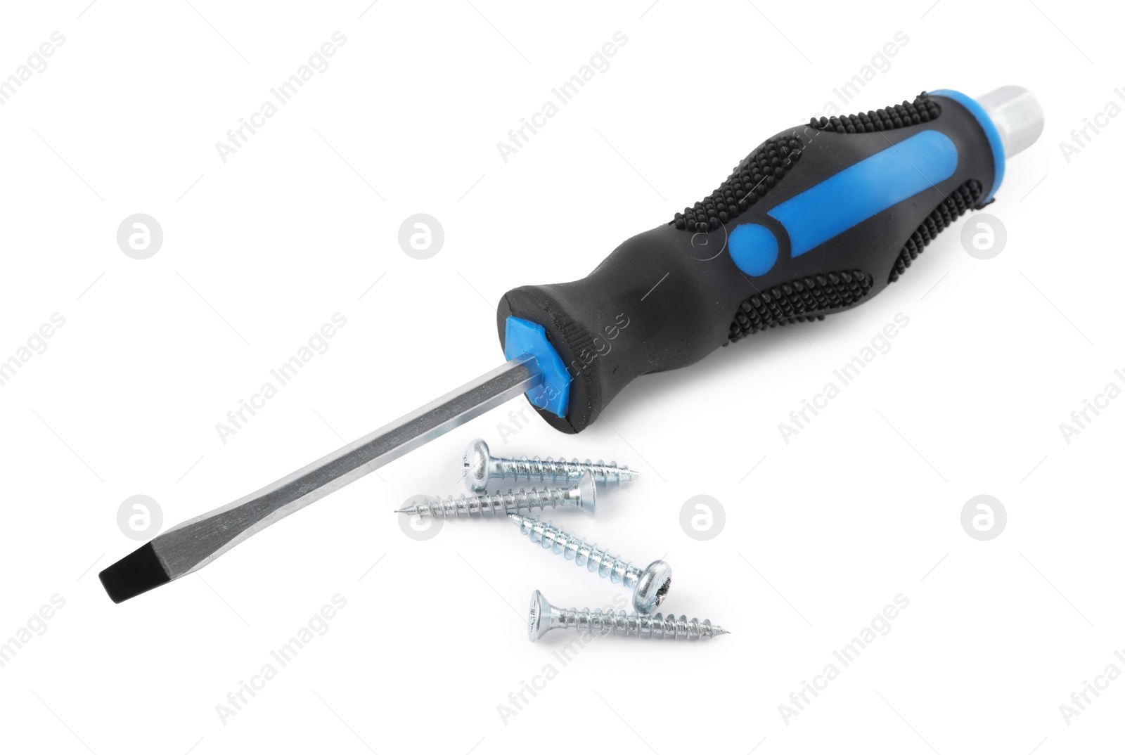 Photo of Screwdriver with black handle and screws isolated on white