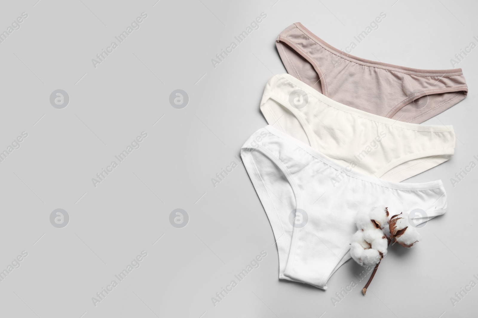 Photo of Women's underwear and cotton flowers on white background, flat lay