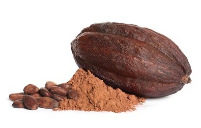 Photo of Whole cocoa pod, powder and beans on white background