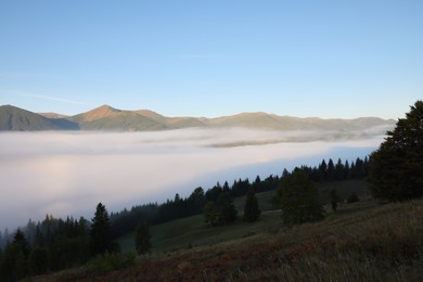 Picturesque view of fog in mountains on morning