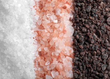 Photo of Different salts as background, closeup. Top view