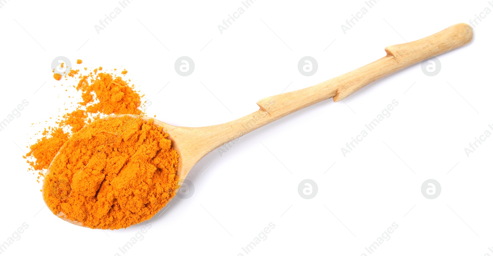 Photo of Wooden spoon with saffron powder on white background, top view