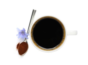 Photo of Cup of delicious chicory drink, powder and flower on white background, top view