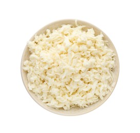 Bowl with delicious mozzarella cheese on white background, top view