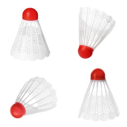 Image of Set with badminton shuttlecocks on white background