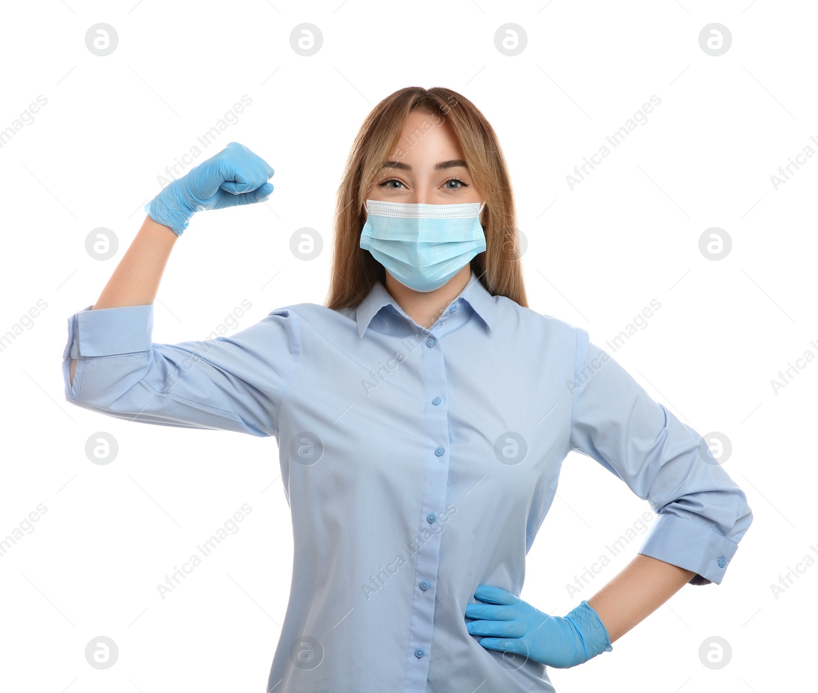 Photo of Woman with protective mask and gloves showing muscles on white background. Strong immunity concept