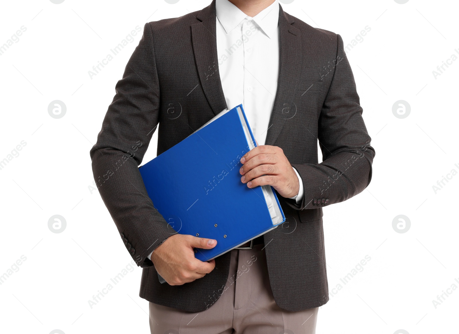 Photo of Man with folder on white background, closeup
