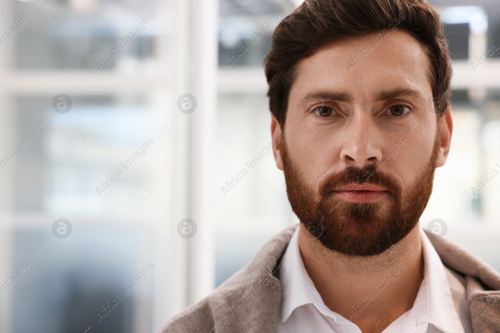 Photo of Portrait of attractive man on blurred background, space for text