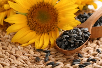 Photo of Spoon with sunflower seeds on wicker mat, closeup