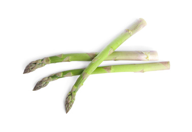 Fresh raw asparagus isolated on white, top view. Healthy eating