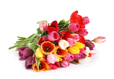 Photo of Beautiful bouquet of spring tulip flowers isolated on white