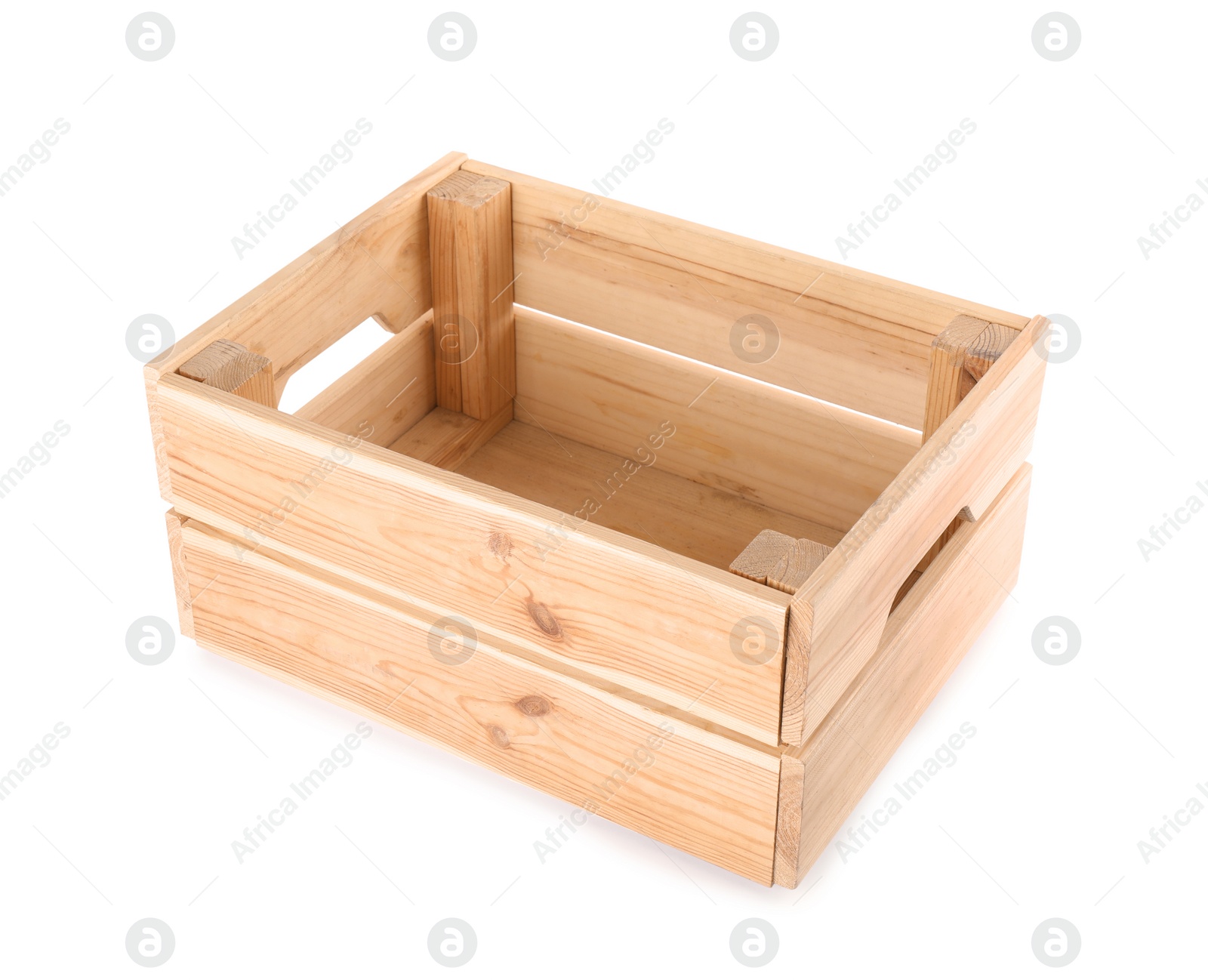 Photo of New empty wooden crate isolated on white