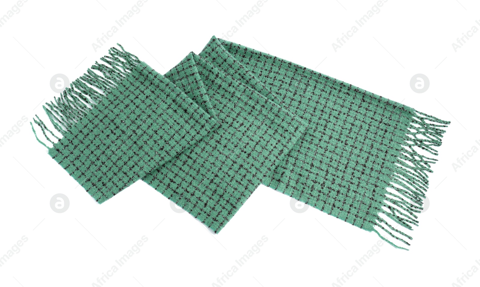 Photo of One beautiful green scarf on white background, top view