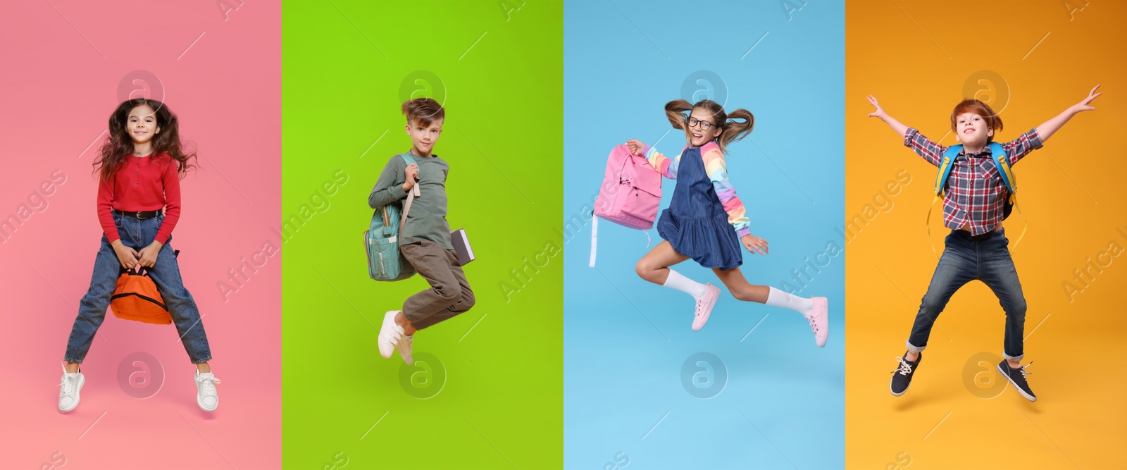 Image of Schoolchildren jumping on color backgrounds, set of photos