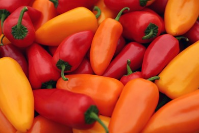 Photo of Yellow and red hot chili peppers as background, closeup