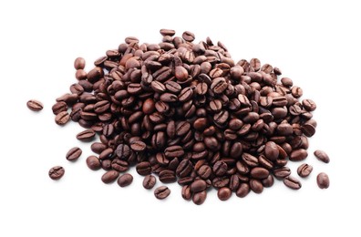 Photo of Pile of roasted coffee beans isolated on white, above view