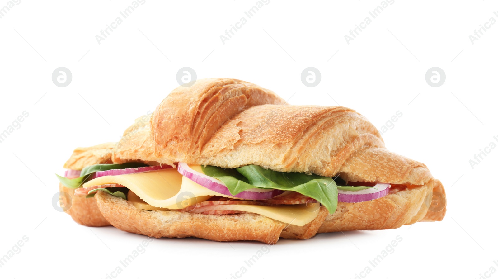 Photo of Tasty croissant sandwich with salami on white background