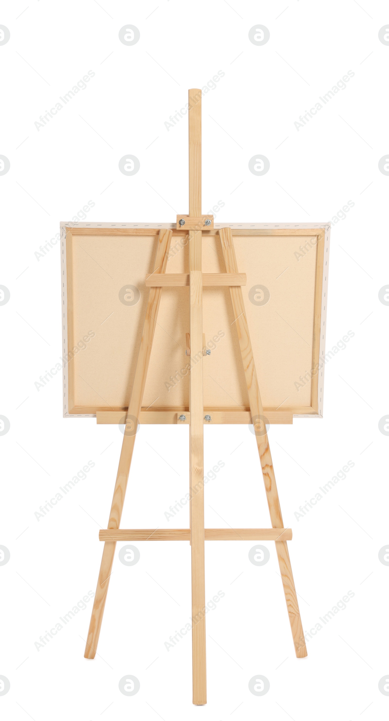 Photo of Wooden easel with canvas isolated on white