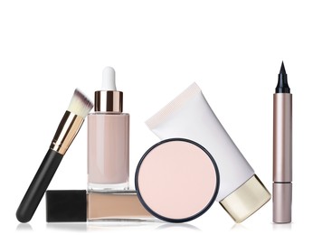 Image of Set with different decorative cosmetics on white background. Luxurious makeup products 