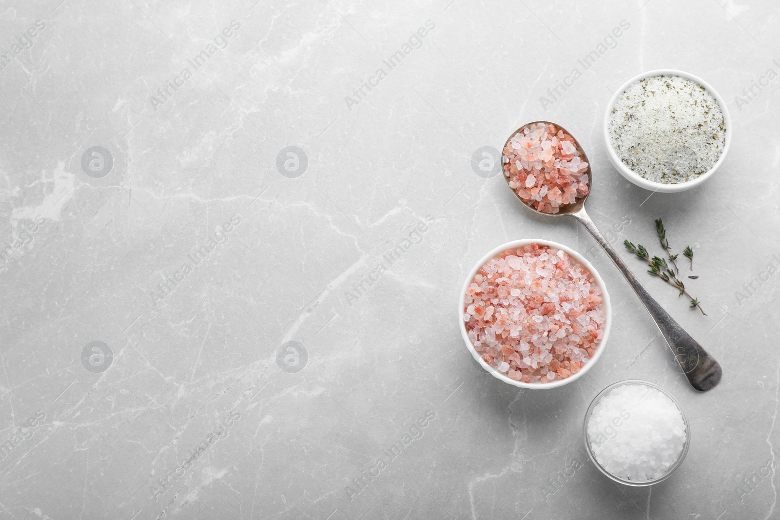 Photo of Different kinds of salt on light grey marble table, flat lay. Space for text