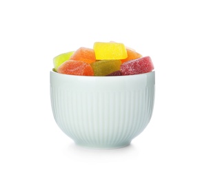 Photo of Bowl of delicious jelly candies on white background