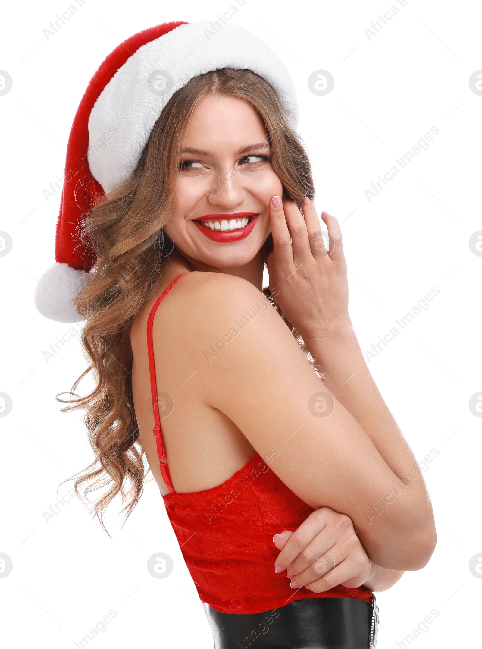 Photo of Beautiful Santa girl on white background. Christmas celebration