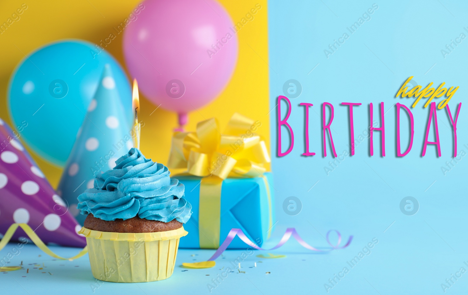 Image of Happy Birthday! Delicious cupcake with burning candle on color background 