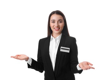 Photo of Portrait of happy young receptionist in uniform on white background