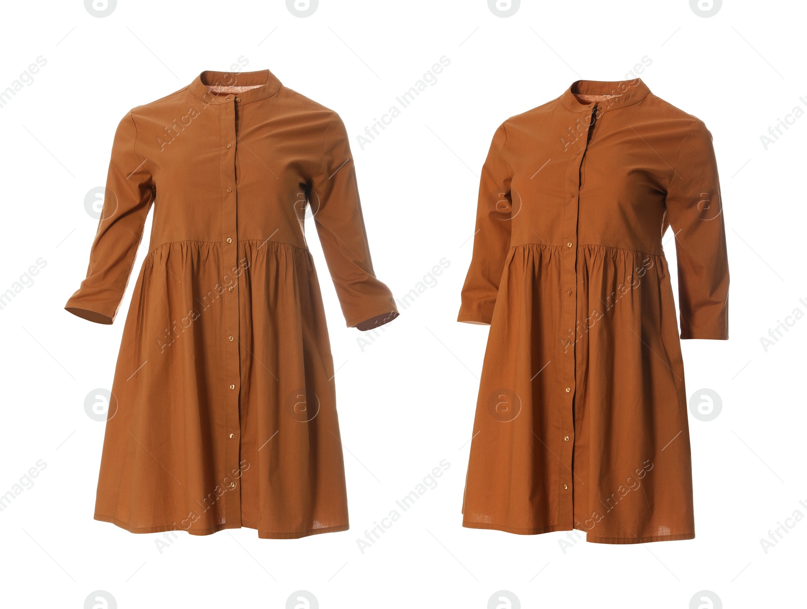 Image of Stylish short brown dresses from different views on white background