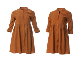 Stylish short brown dresses from different views on white background