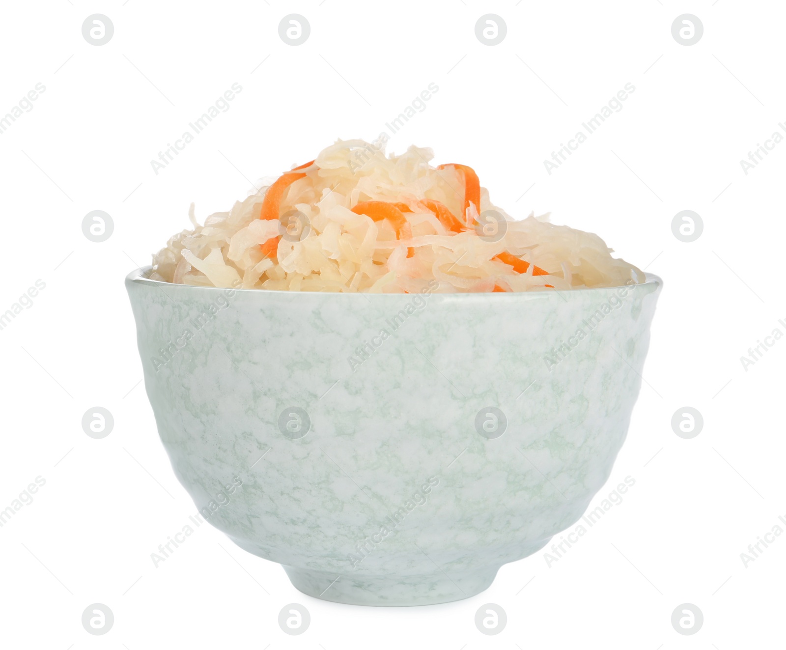 Photo of Bowl of tasty sauerkraut with carrot on white background