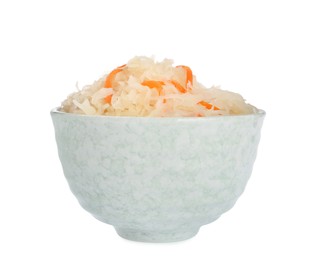 Photo of Bowl of tasty sauerkraut with carrot on white background