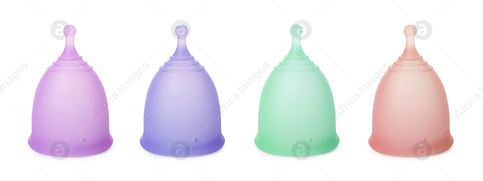 Image of Set with different menstrual cups on white background. Banner design