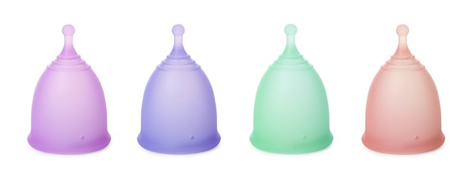 Set with different menstrual cups on white background. Banner design