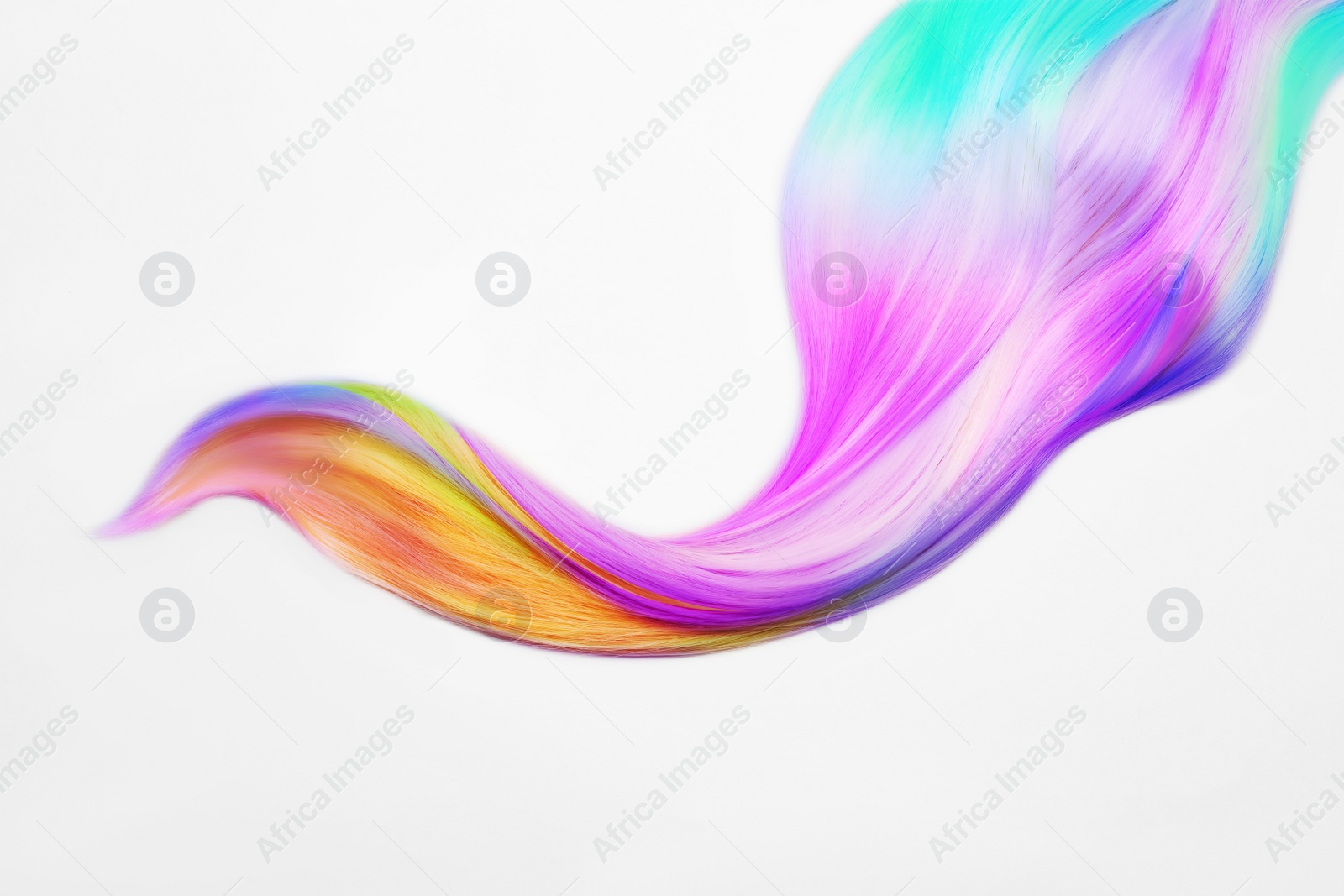 Image of Strand of beautiful multicolored hair on white background, top view