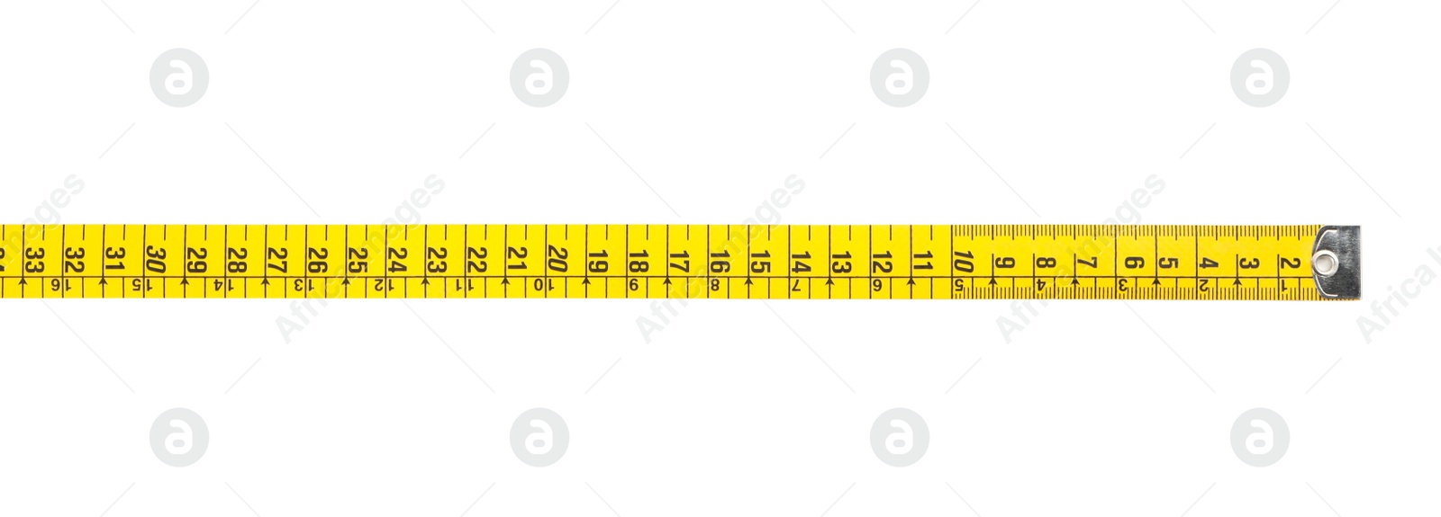 Photo of New yellow measuring tape isolated on white, top view