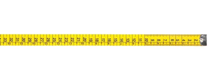 Photo of New yellow measuring tape isolated on white, top view