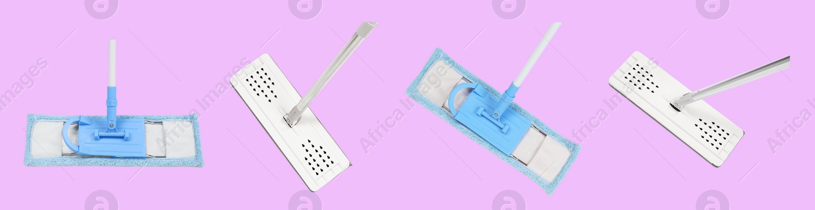 Image of Set of flat mops on violet background