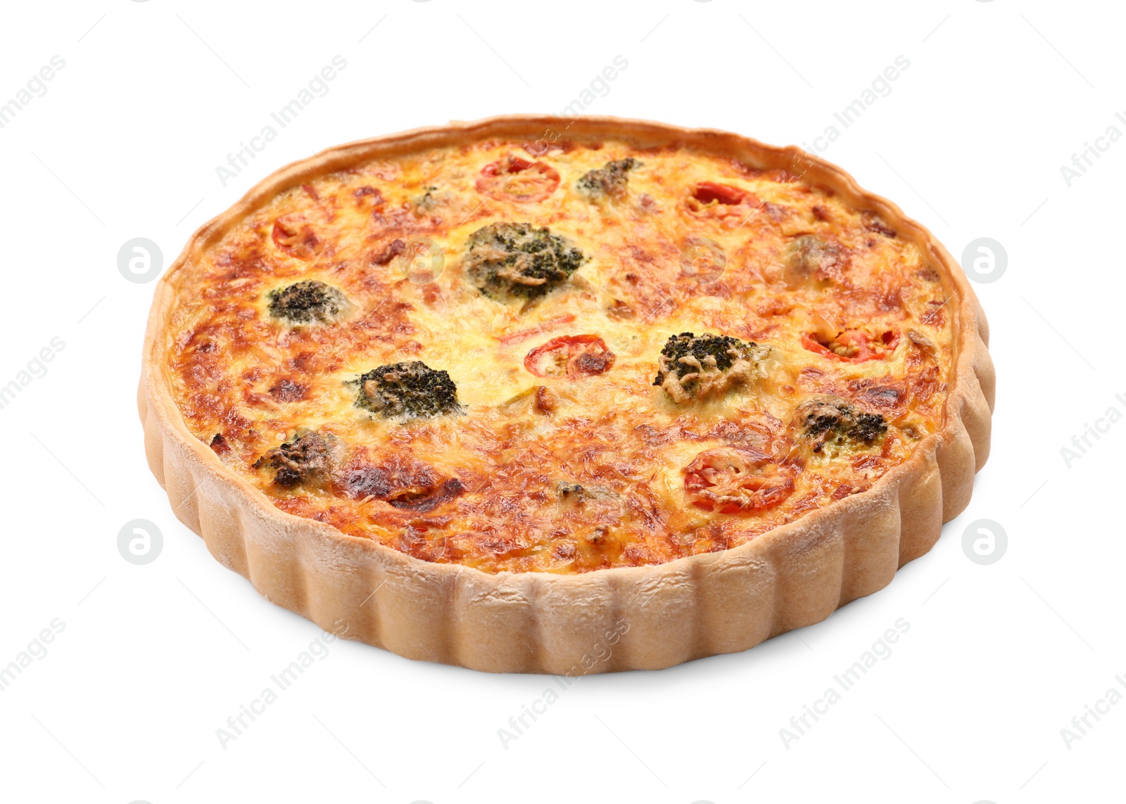 Photo of Delicious homemade vegetable quiche isolated on white