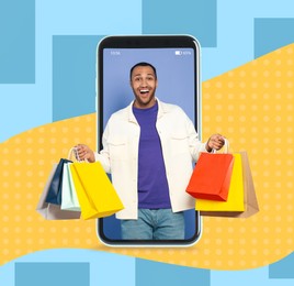 Image of Happy man with shopping bags looking out huge smartphone on color background. Design for advertising