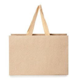 Photo of Paper shopping bag isolated on white. Mock up for design