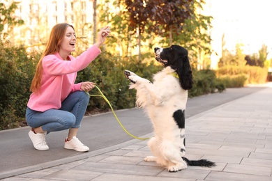 Photo of Young woman playing with English Springer Spaniel dog outdoors